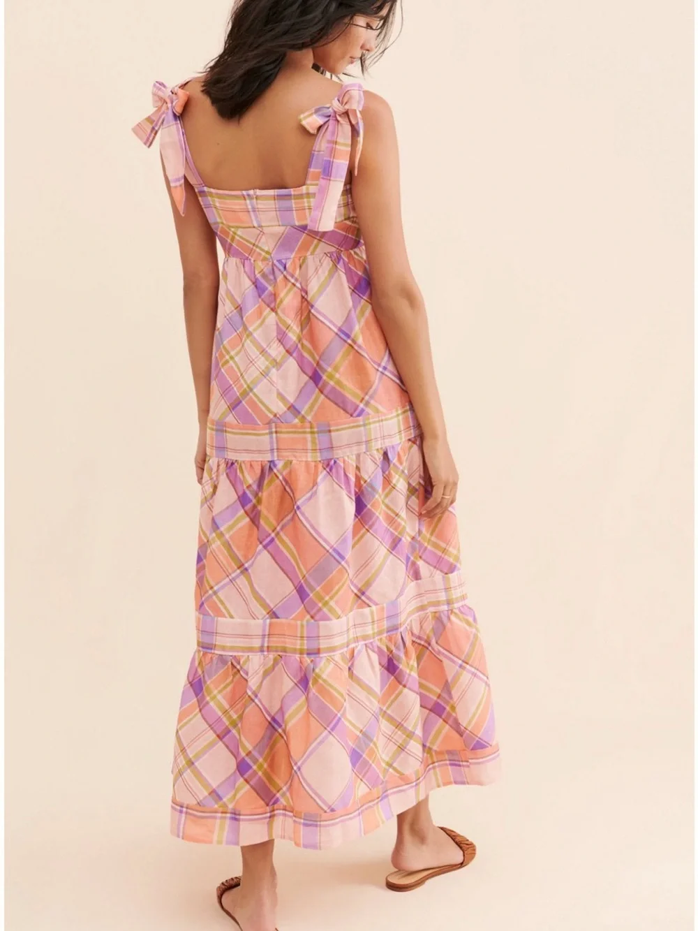 Anthropologie Kachel Tie Strap Linen Maxi Dress Pink Peach Purple Plaid Sz M
